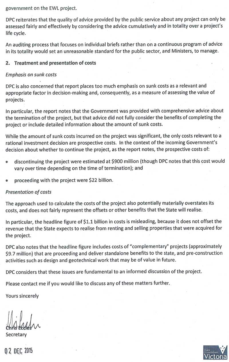 Response provided by the Secretary, Department of Premier & Cabinet, page 3.