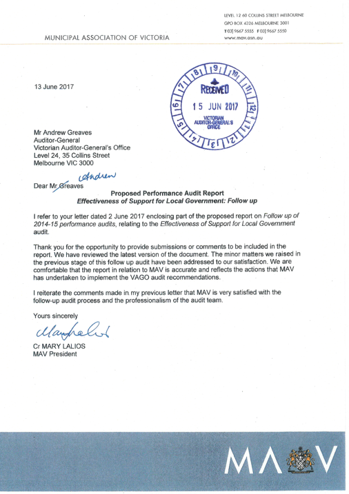 RESPONSE provided by the President, Municipal Association of Victoria