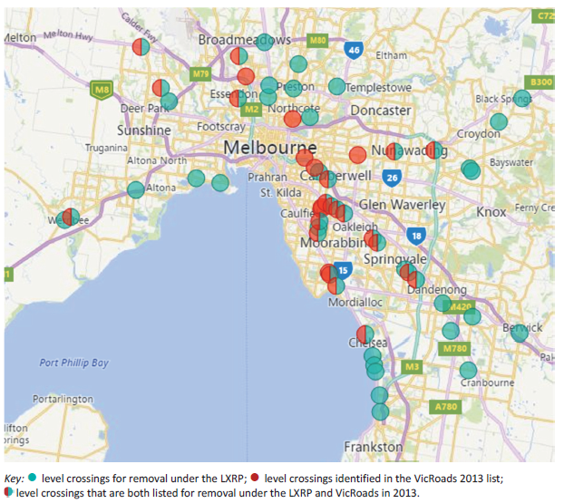 Map showing LXRP crossings compared to VicRoads 2013 list