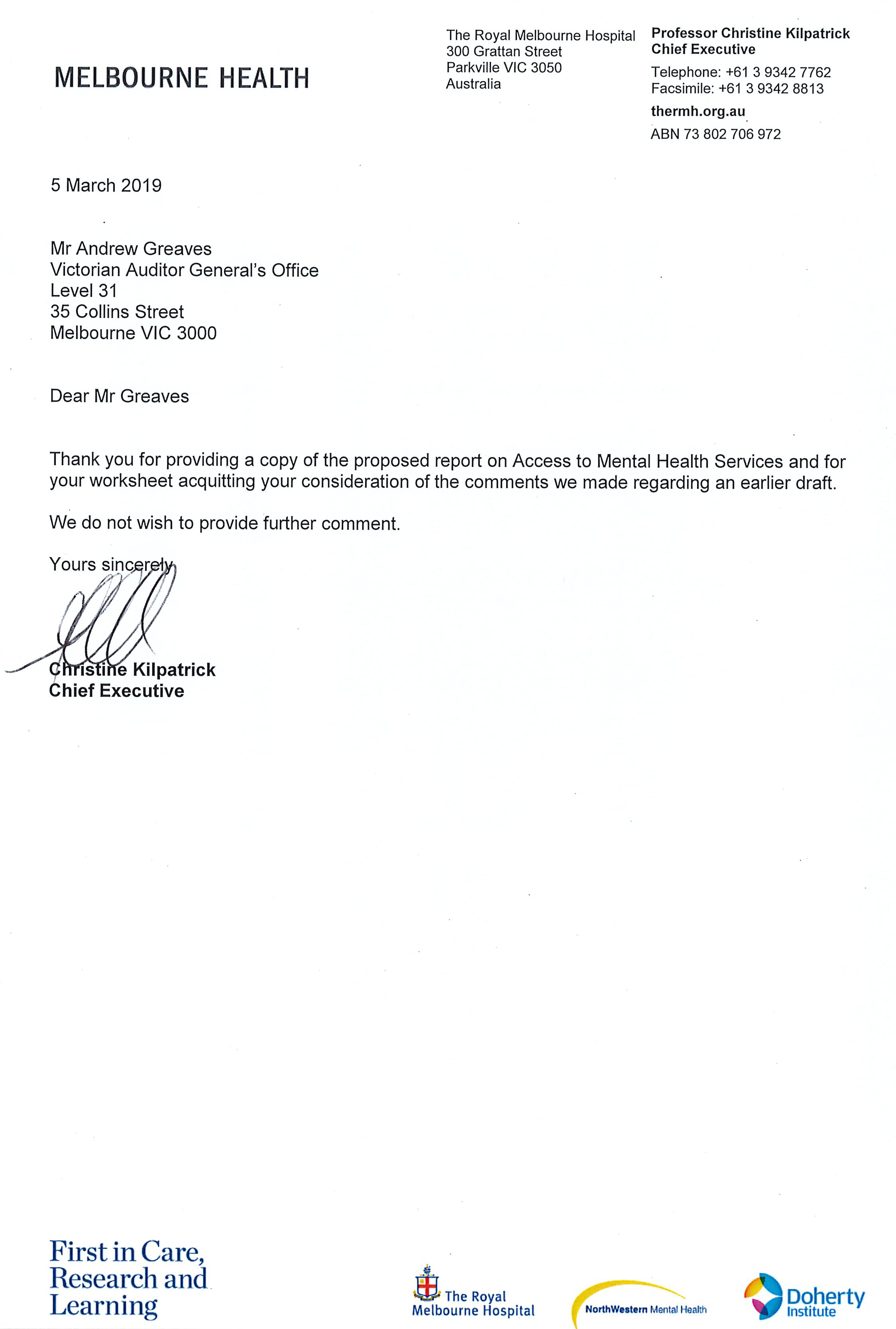 Response provided by the Chief Executive, Melbourne Health