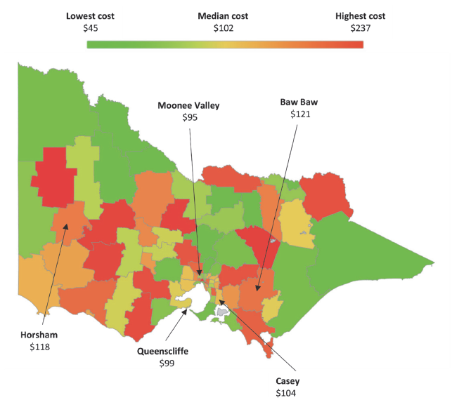From this map, we can see that delivering more efficient garbage collection services is not specific to one council cohort—performance across all cohorts varies.