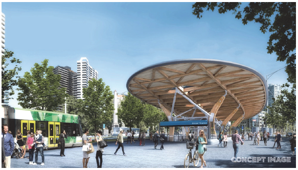 The Anzac Station design features entrances on either side of St Kilda Road, an underground pedestrian walkway and direct passenger access to trams. Image courtesy of RPV (Metro Tunnel website).