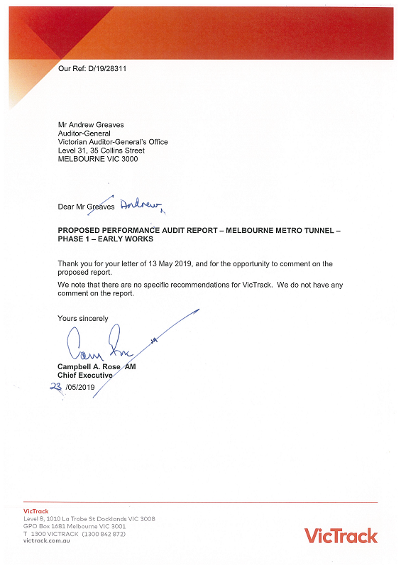 RESPONSE provided by the Chief Executive, VicTrack