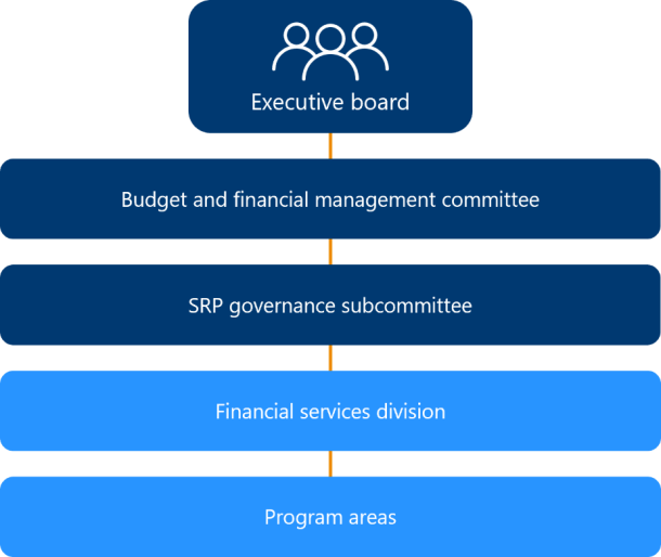 This is a flowchart showing the reporting lines in the SRP framework. From top to bottom: Executive board, Budget and financial management committee, SRP governance subcommittee, Financial services division, Program areas.