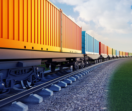 Rendering of a long frieght train carrying colourful shipping containers.
