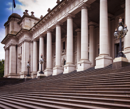 Steps and facade of Parliament House, Melbourne, Victoria.