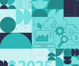 Abstract blue and green image containing a laptop, a report, a magnifying glass and the numerals 2024 and 2025.