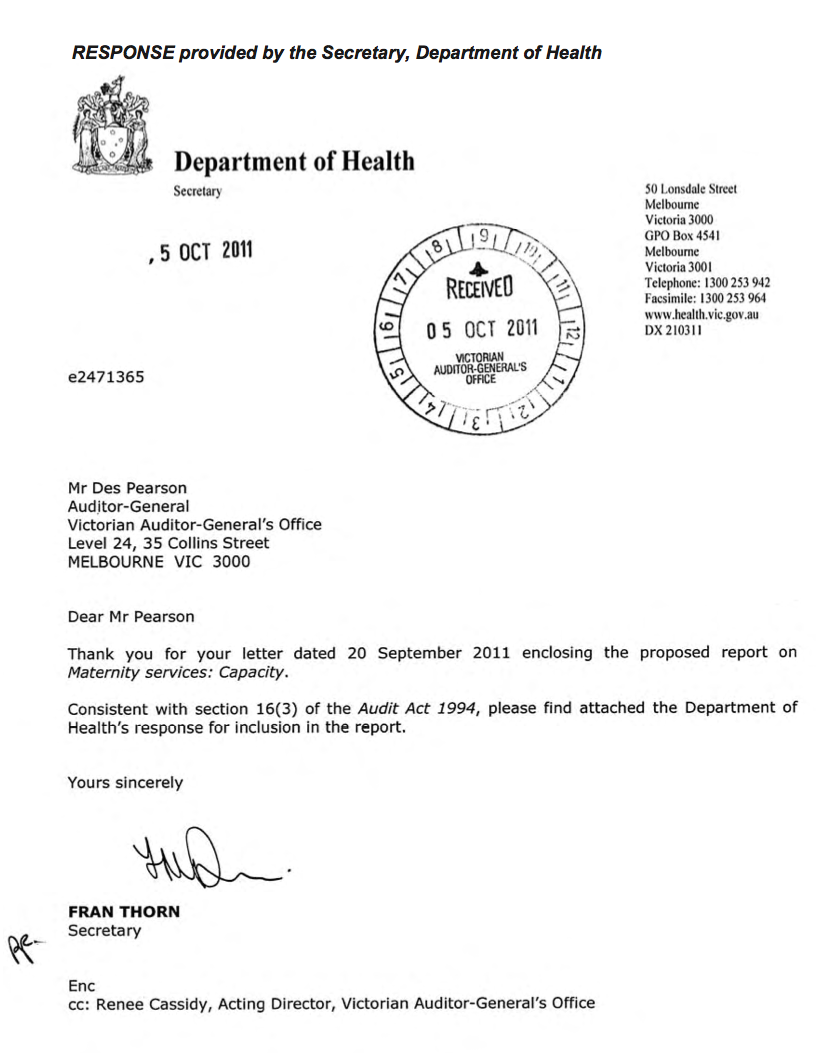 RESPONSE provided by the Secretary, Department of Health