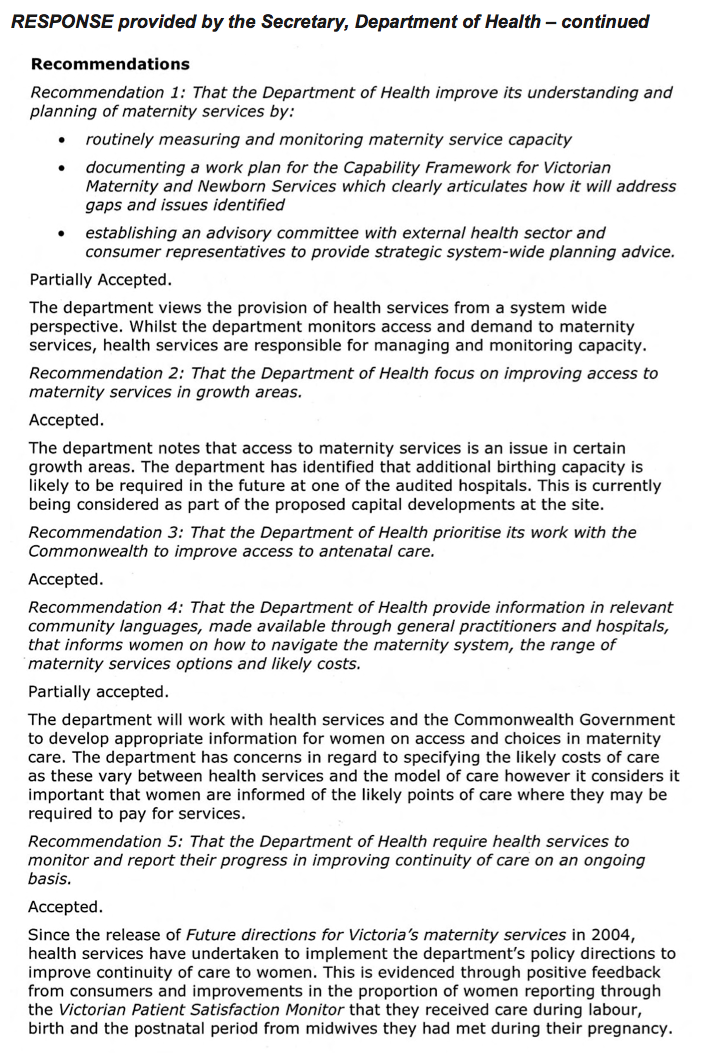 RESPONSE provided by the Secretary, Department of Health – continued