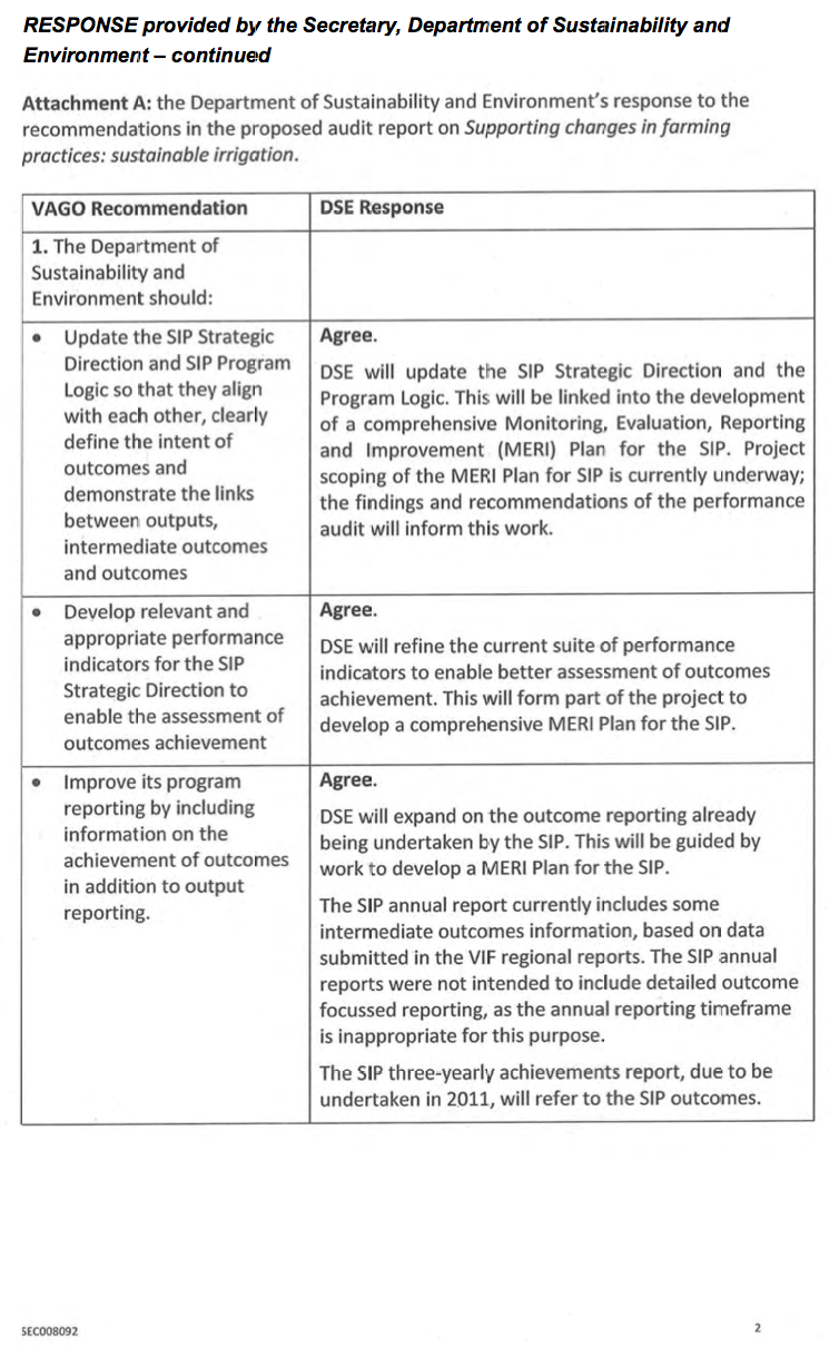 RESPONSE provided by the Secretary, Department of Sustainability and Environment – continued