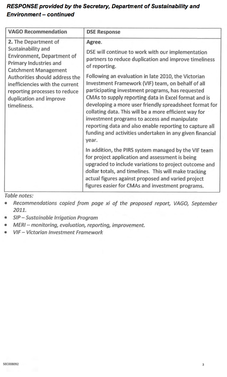 RESPONSE provided by the Secretary, Department of Sustainability and Environment – continued