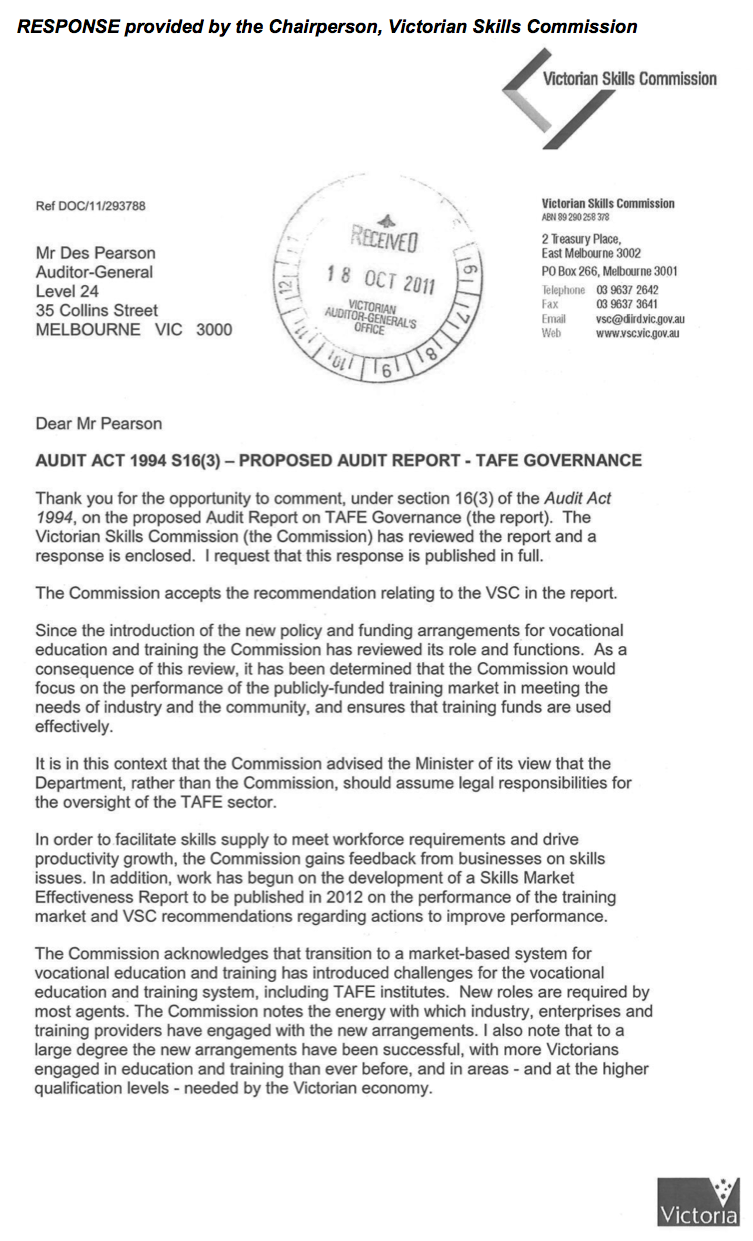 RESPONSE provided by the Chairperson, Victorian Skills Commission