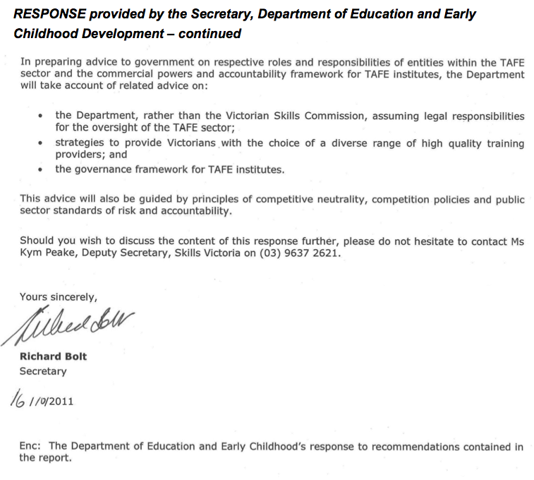 RESPONSE provided by the Secretary, Department of Education and Early Childhood Development, continued
