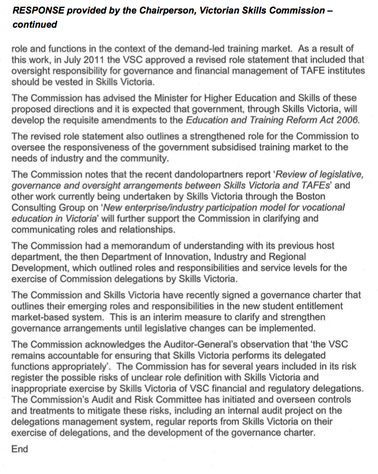 RESPONSE provided by the Chairperson, Victorian Skills Commission, continued