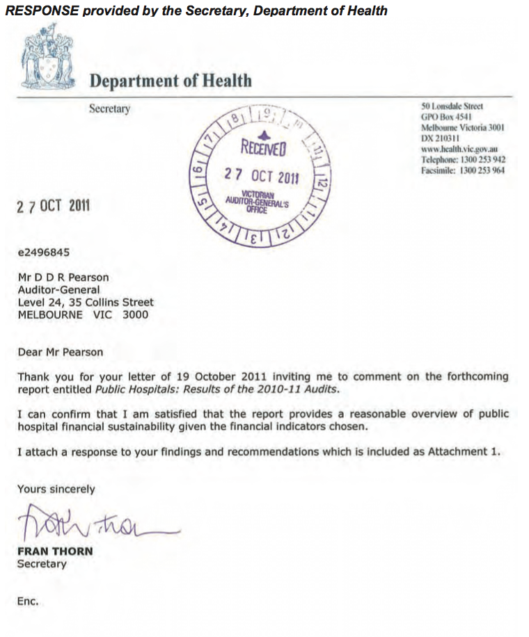 RESPONSE provided by the Secretary, Department of Health