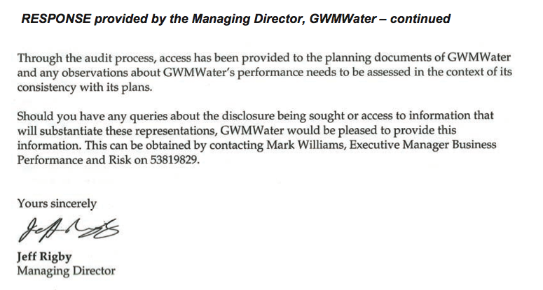 RESPONSE provided by the Managing Director, GWMWater – continued