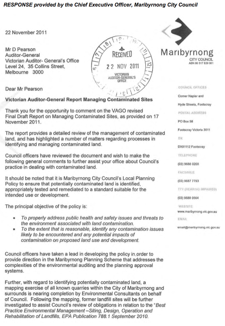 RESPONSE provided by the Chief Executive Officer, Maribyrnong City Council