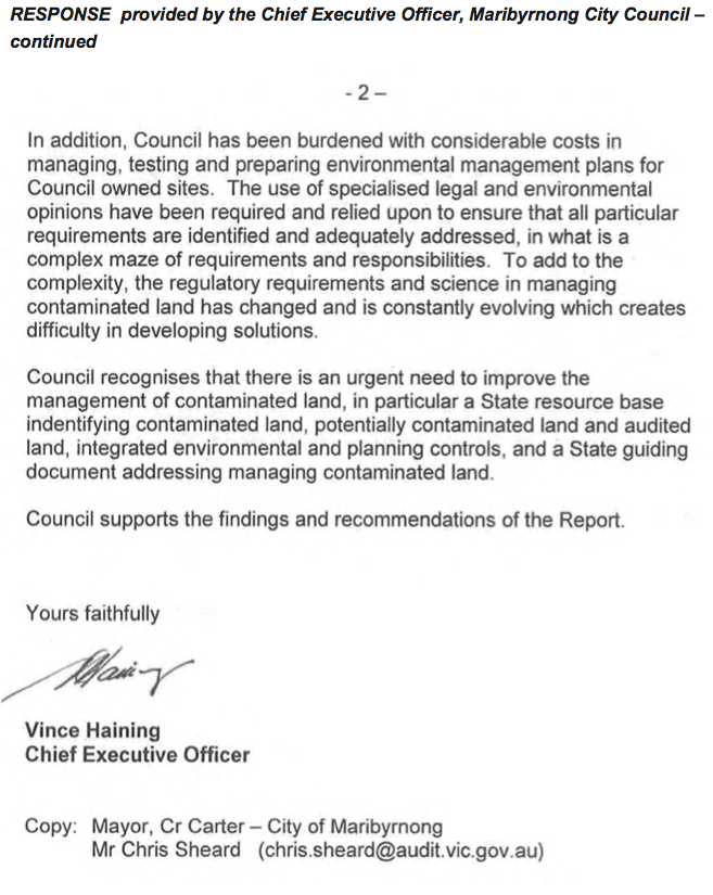 RESPONSE provided by the Chief Executive Officer, Maribyrnong City Council – continued