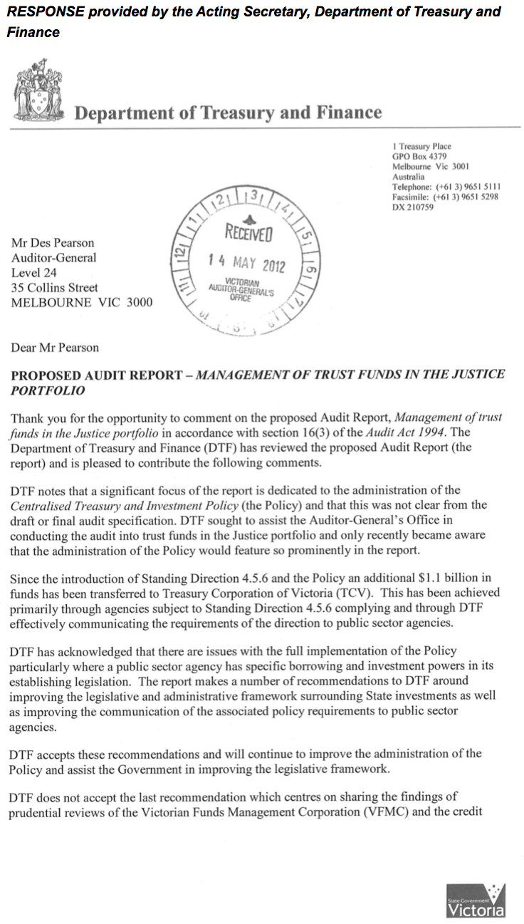 RESPONSE provided by the Acting Secretary, Department of Treasury and Finance