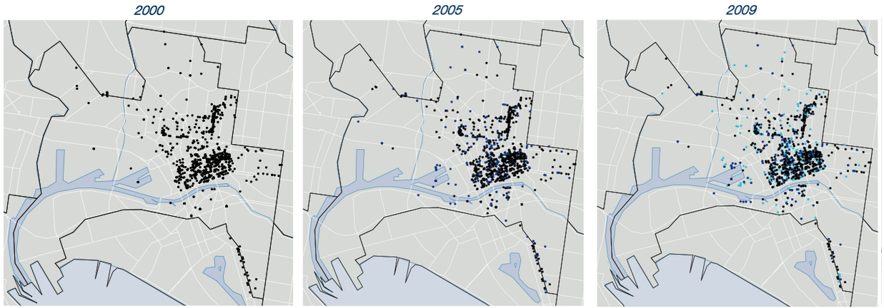 Map of liquor licences granted in City of Melbourne for the year 2000, 2005 and 2009