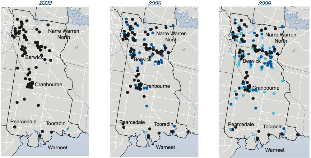 Map of liquor licences granted in City of Casey for the year 2000, 2005 and 2009