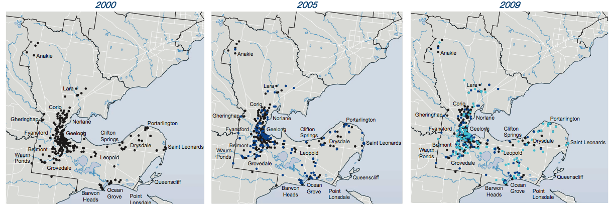 Map of liquor licences granted in City of Greater Geelong for the year 2000, 2005 and 2009