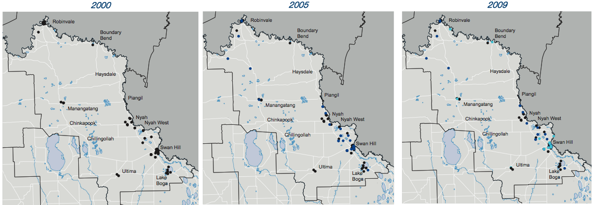 Map of liquor licences granted in Swan Hill for the years 2000, 2005 and 2009