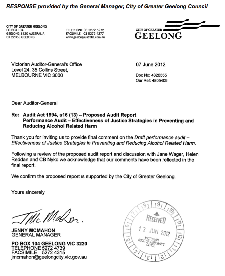 RESPONSE provided by the General Manager, City of Greater Geelong Council 