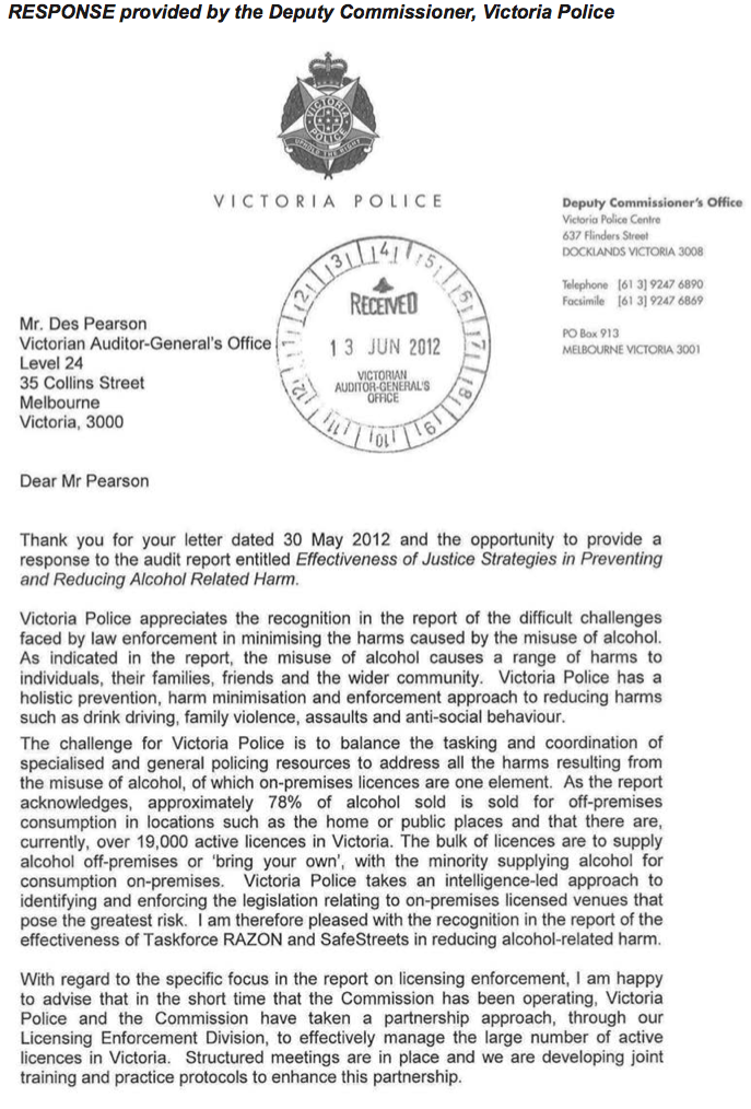 RESPONSE provided by the Deputy Commissioner, Victoria Police