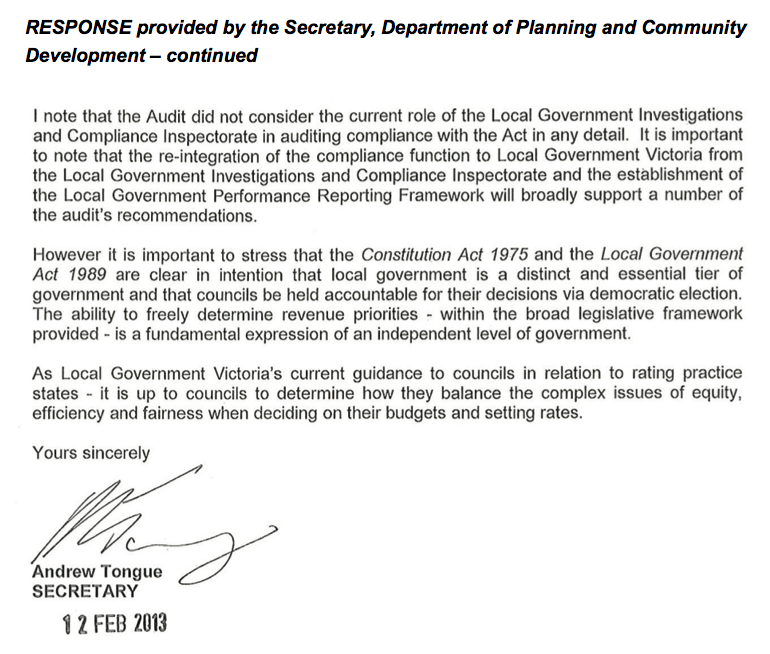 RESPONSE provided by the Secretary, Department of Planning and Community Development – continued