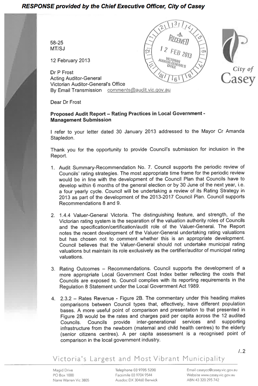 RESPONSE provided by the Chief Executive Officer, City of Casey