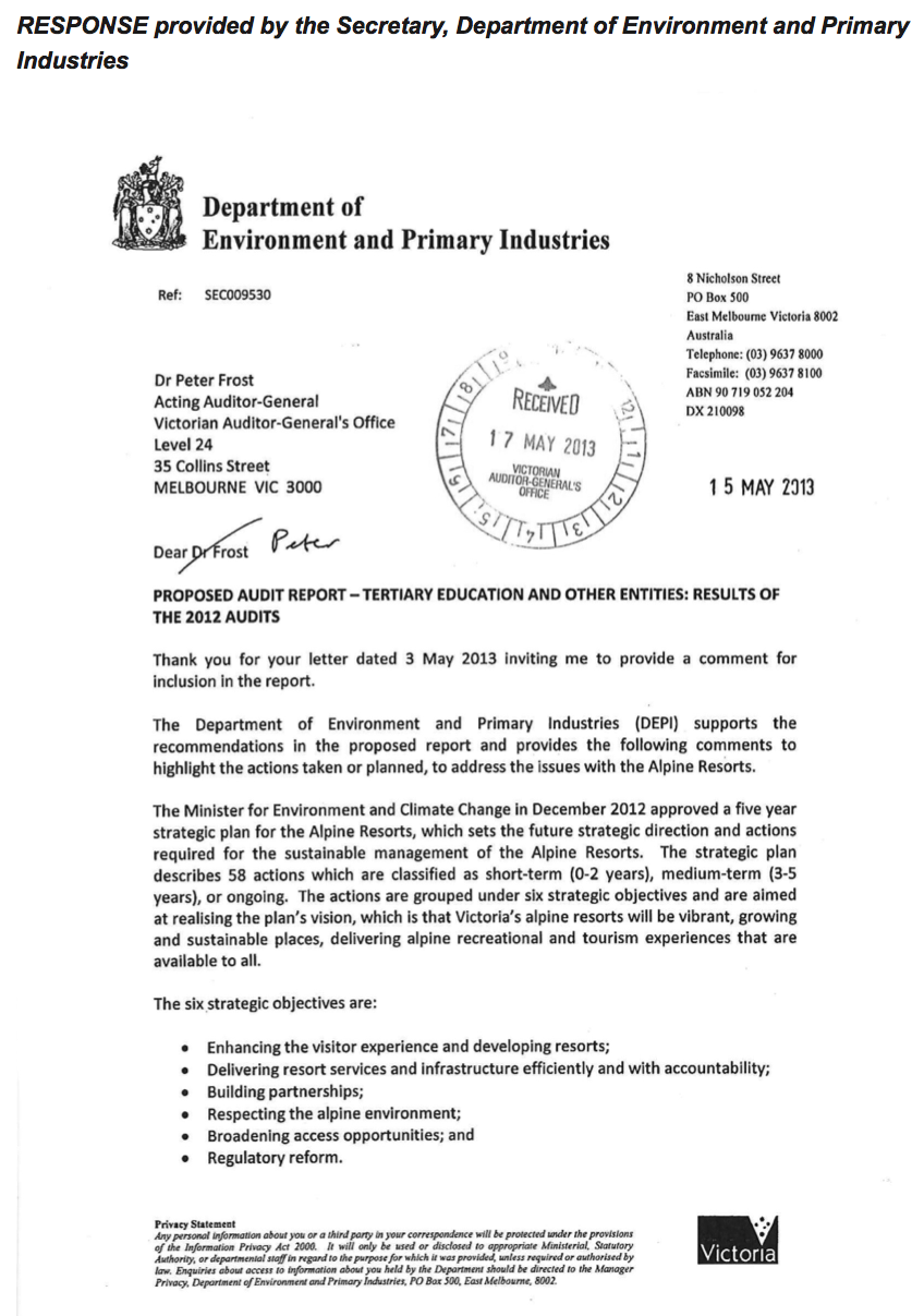 RESPONSE provided by the Secretary, Department of Environment and Primary Industries