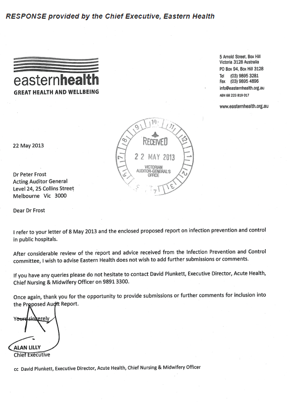 RESPONSE provided by the Chief Executive, Eastern Health