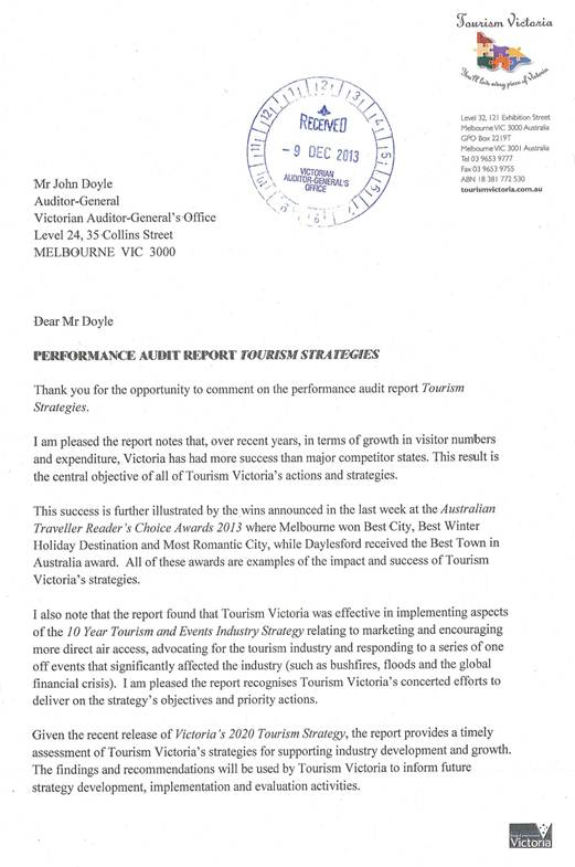 RESPONSE provided by the Chairman, Tourism Victoria