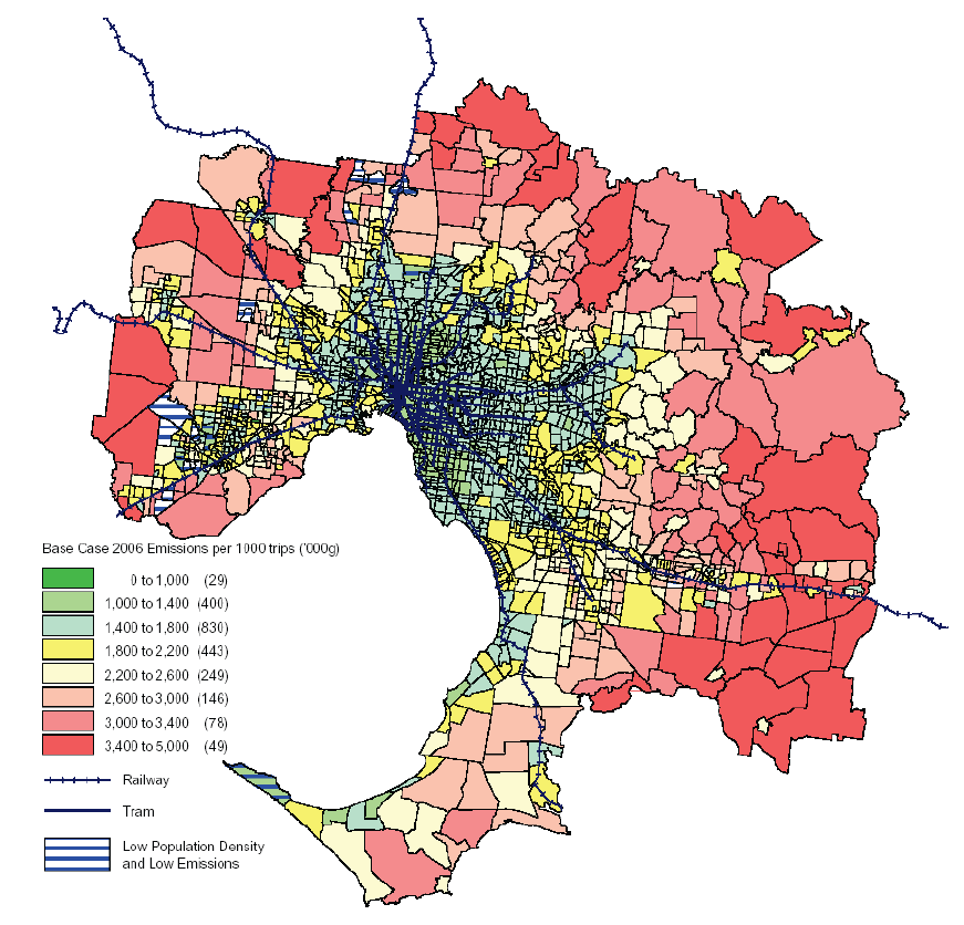 Figure 1B shows passenger transport greenhouse gas emissions by home location on a map of metropolitan Melbourne