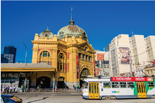 Photo shows a tram in front of Flinders Street Station, Melbourne. Photo courtesy of Korkusung/Shutterstock.com.