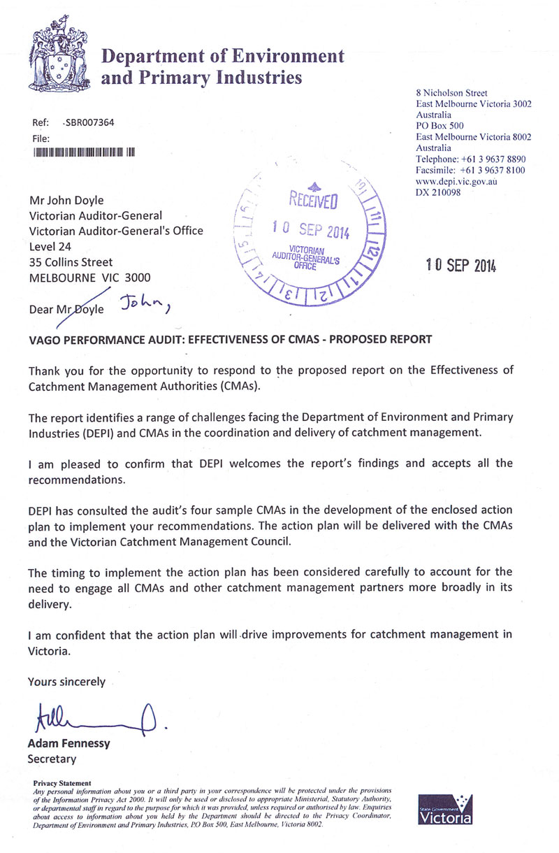 Image shows response provided by the Secretary, Department of Environment and Primary Industries