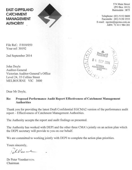 Image shows response provided by the Chairman, East Gippsland Catchment Management Authority