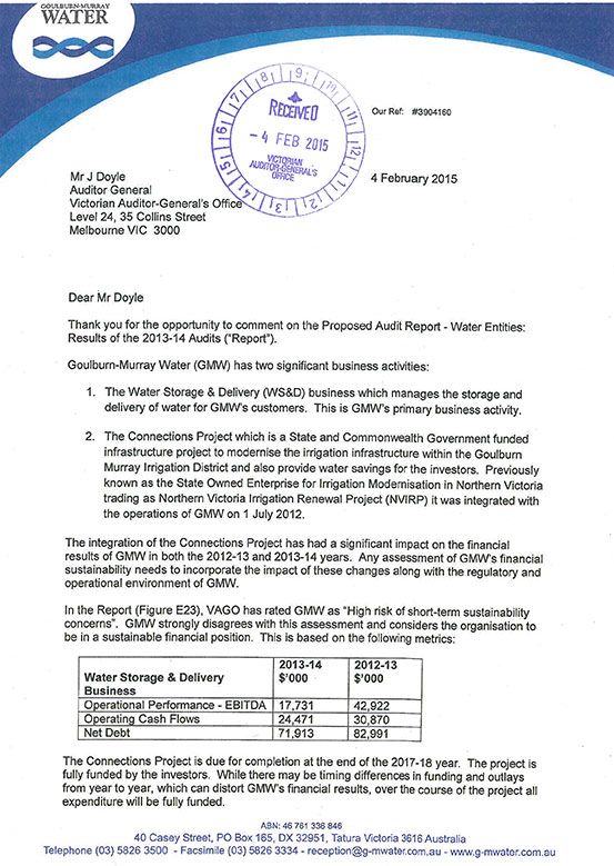 RESPONSE provided by the Acting
Chief Financial Officer, Goulburn-Murray Water