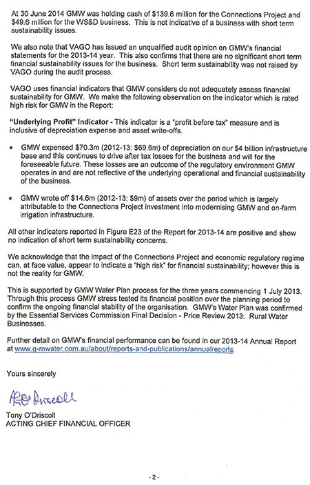 RESPONSE provided by the Acting
Chief Financial Officer, Goulburn-Murray Water