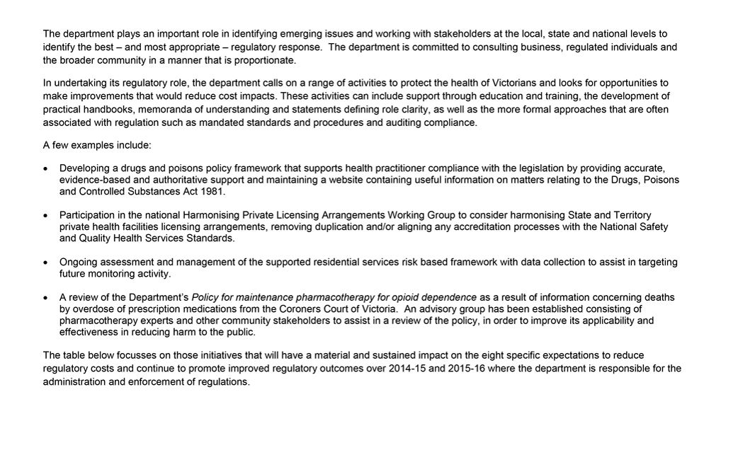 This Appendix is a copy of the former Department of Health's response to the Minister for Health's Statement of Expectations for the administration and enforcement of regulation.