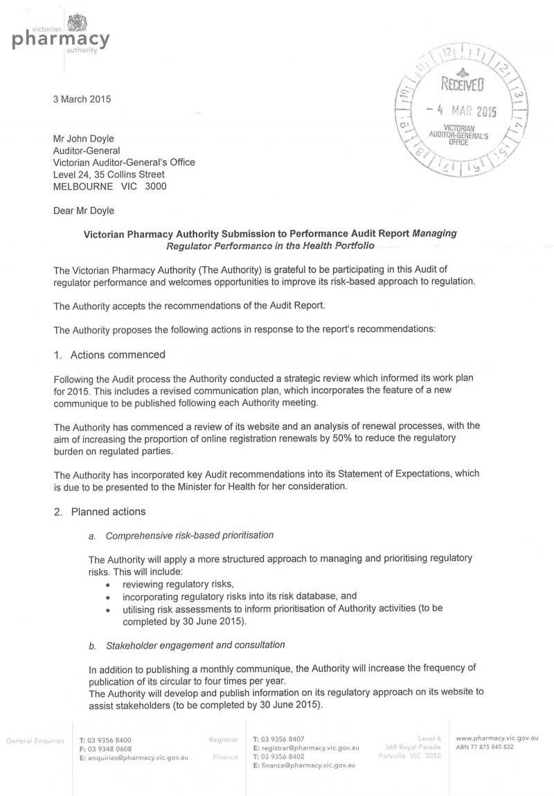 Response provided by the Chair, Victorian Pharmacy Authority