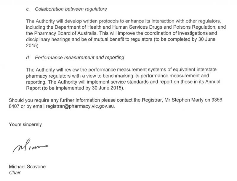 Response provided by the Chair, Victorian Pharmacy Authority