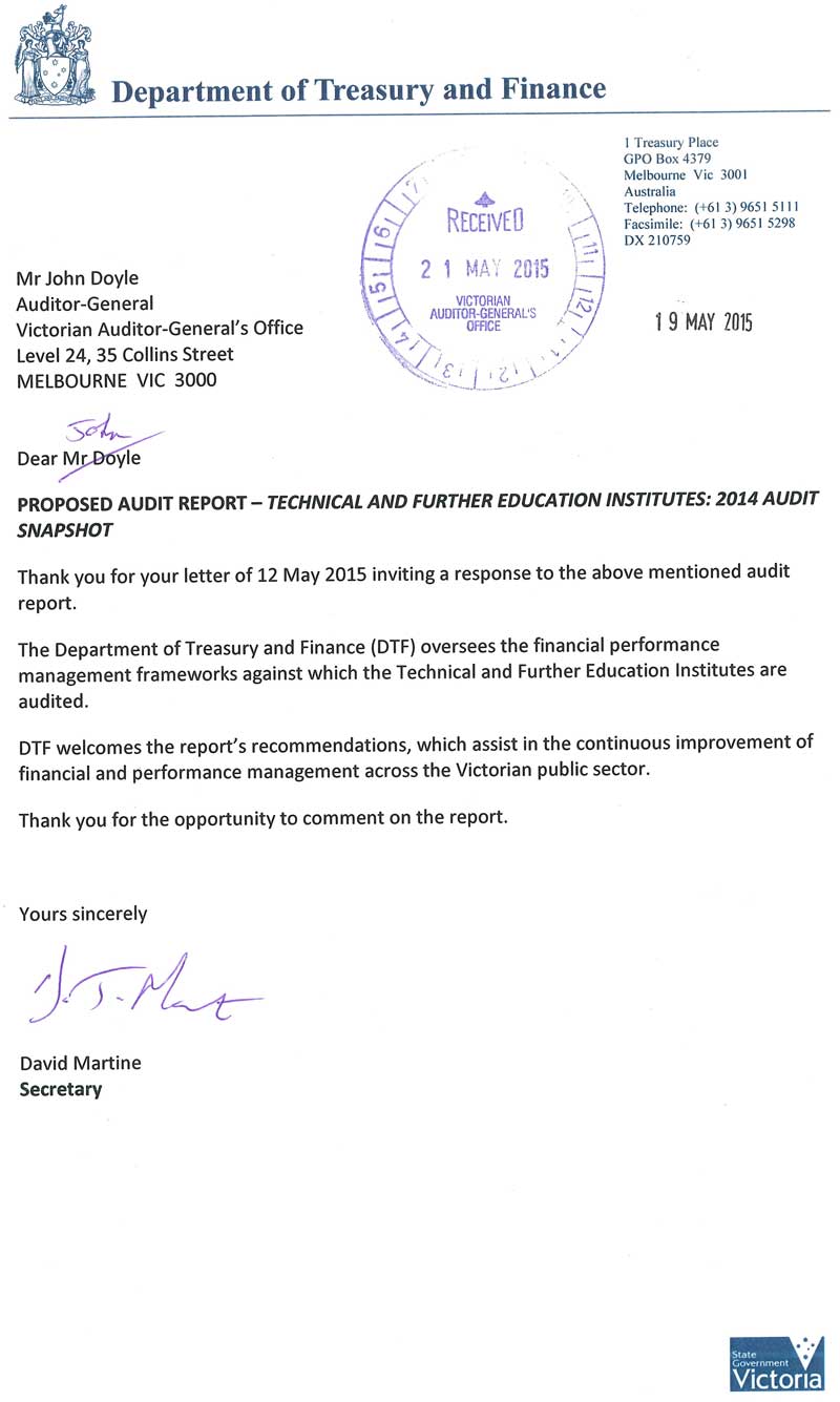 Response provided by the Secretary, Department of Treasury and Finance, page 1