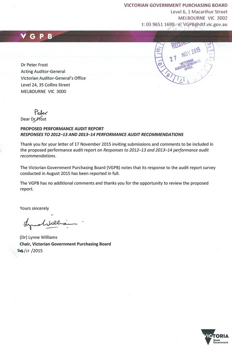 Response provided by the Chair, Victorian Government Purchasing Board.