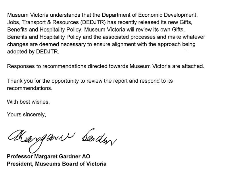Response provided by the President, Museums Board of Victoria