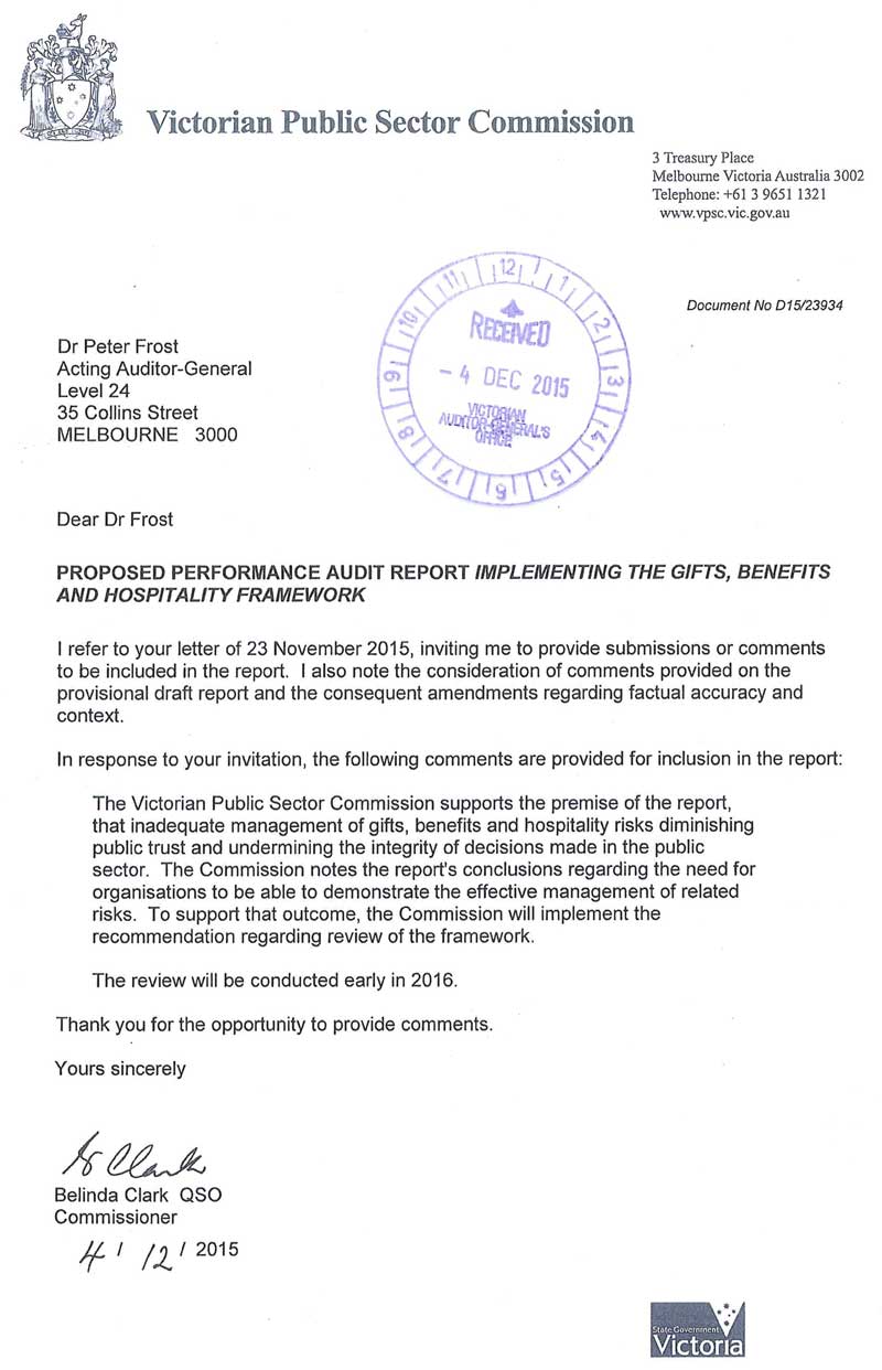 Response provided by the Commissioner, Victorian Public Sector Commission