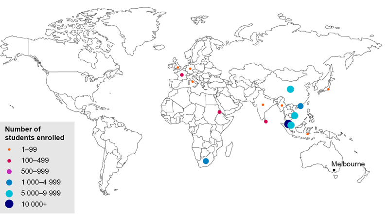 Map 3B shows the location and amount of students enrolled overseas in 2015