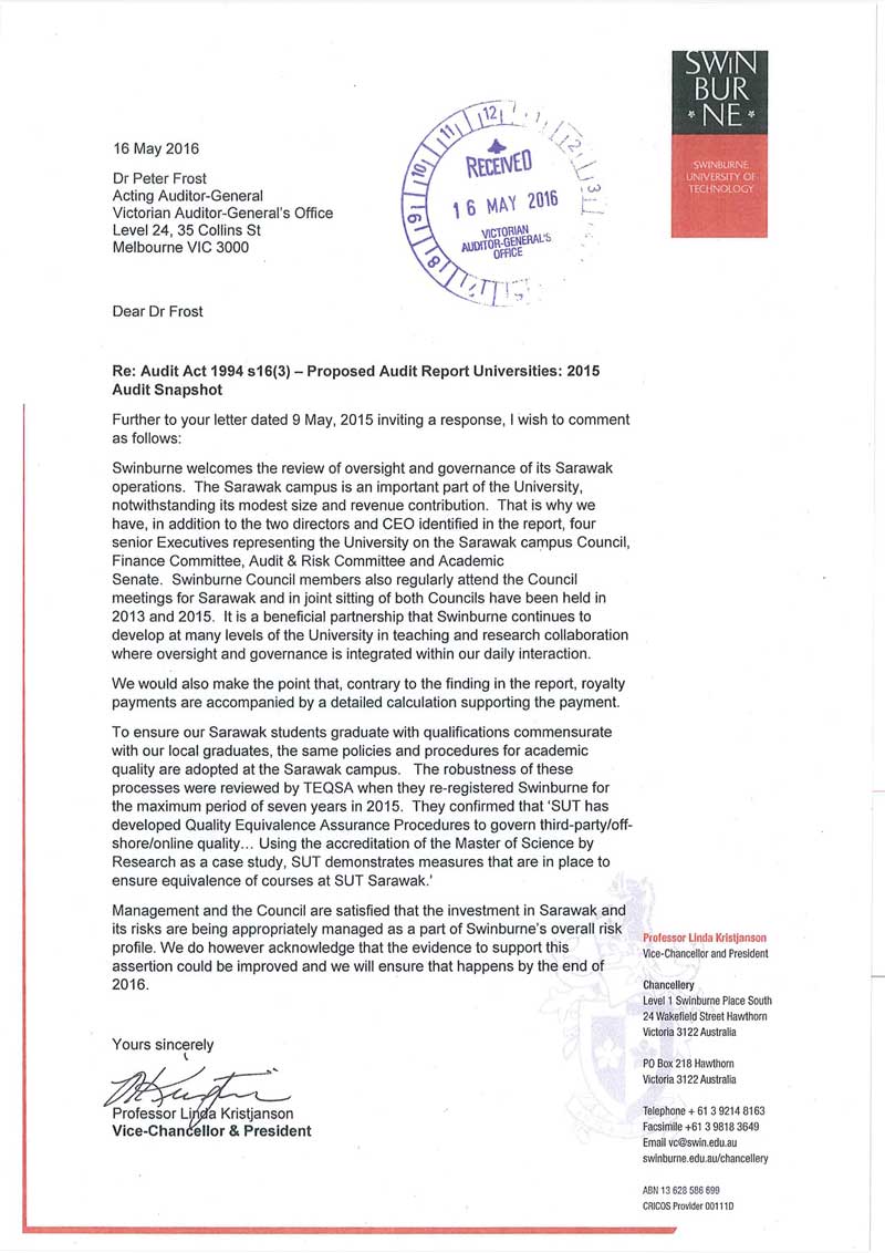 RESPONSE provided by the Vice-Chancellor and President, Swinburne University of Technology