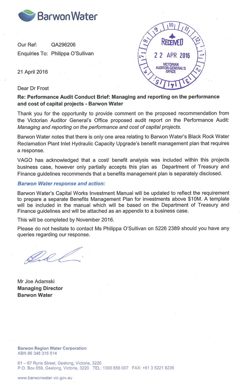 RESPONSE provided by the Managing
Director, Barwon Water